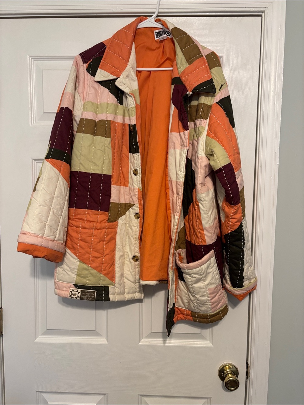 Unisex Patchwork Quilted Jacket in Orange and Multi-Color